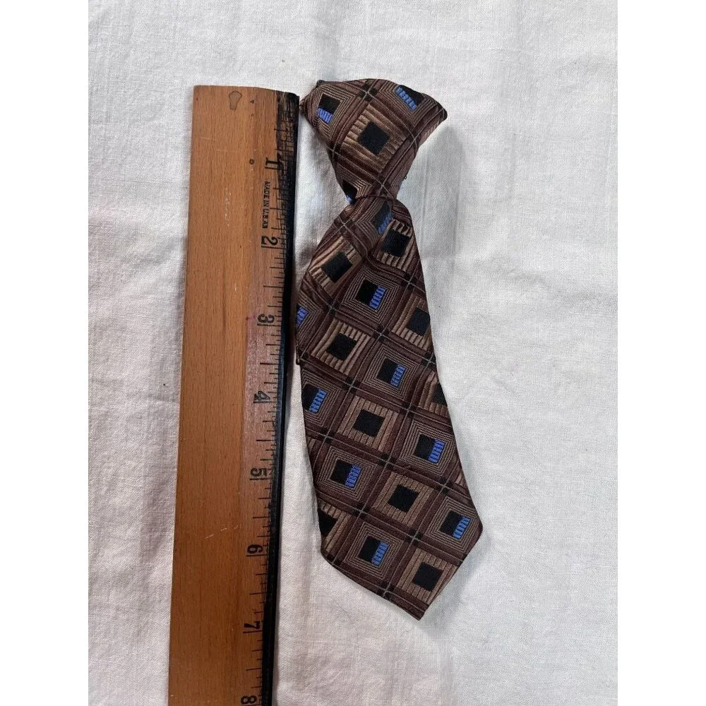 Vintage 80s Infant Toddler Clip-On Tie With Brown & Blue Geometric Pattern